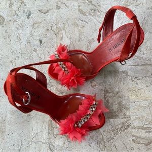 Menbur Party Evening Sandal Open Toe Stilettos Rhinestones Orange Satin Upper